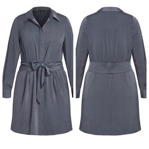 City Chic Tie Detail Dress Collared Smoke Grey XXL New‎ - Picture 1 of 16